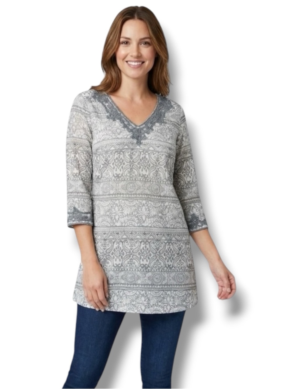 Lands End Tunic Top Embroidered Paisley Grey Cotton Swim Cover Up L 3/4 SLV Boho